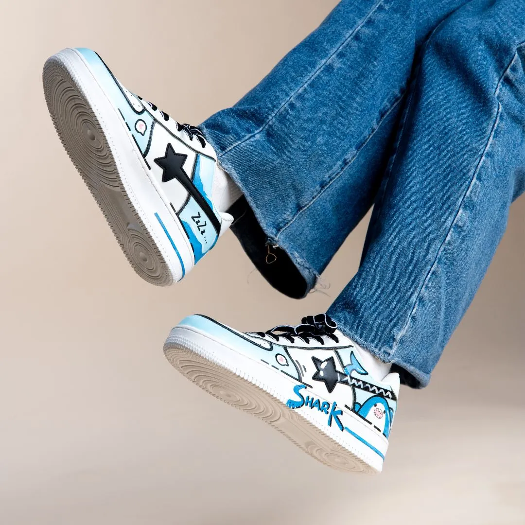 Hand Painted Blue Shark Casual White Shoes - Unisex