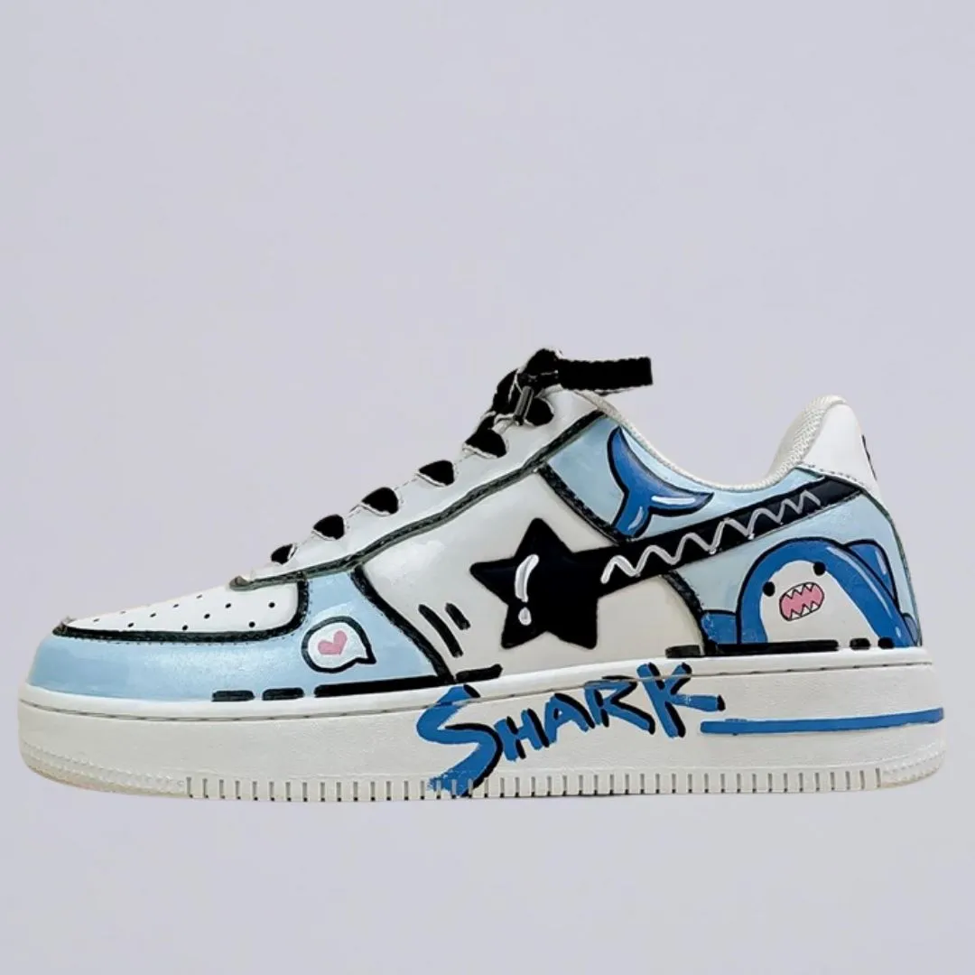 Hand Painted Blue Shark Casual White Shoes - Unisex