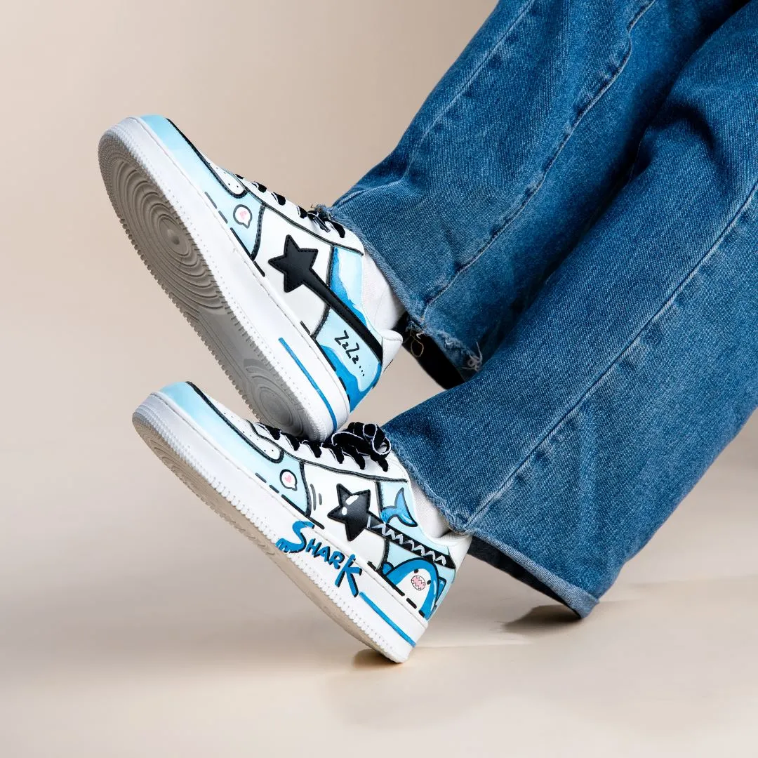 Hand Painted Blue Shark Casual White Shoes - Unisex