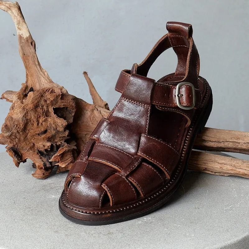 Hand Stitching Horse Leather Gladiator Sandals For Women Fisherman Shoes in Coffee