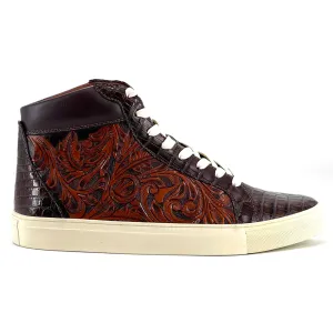 Hand-Tooled Leather & Crocodile High Top Sneakers