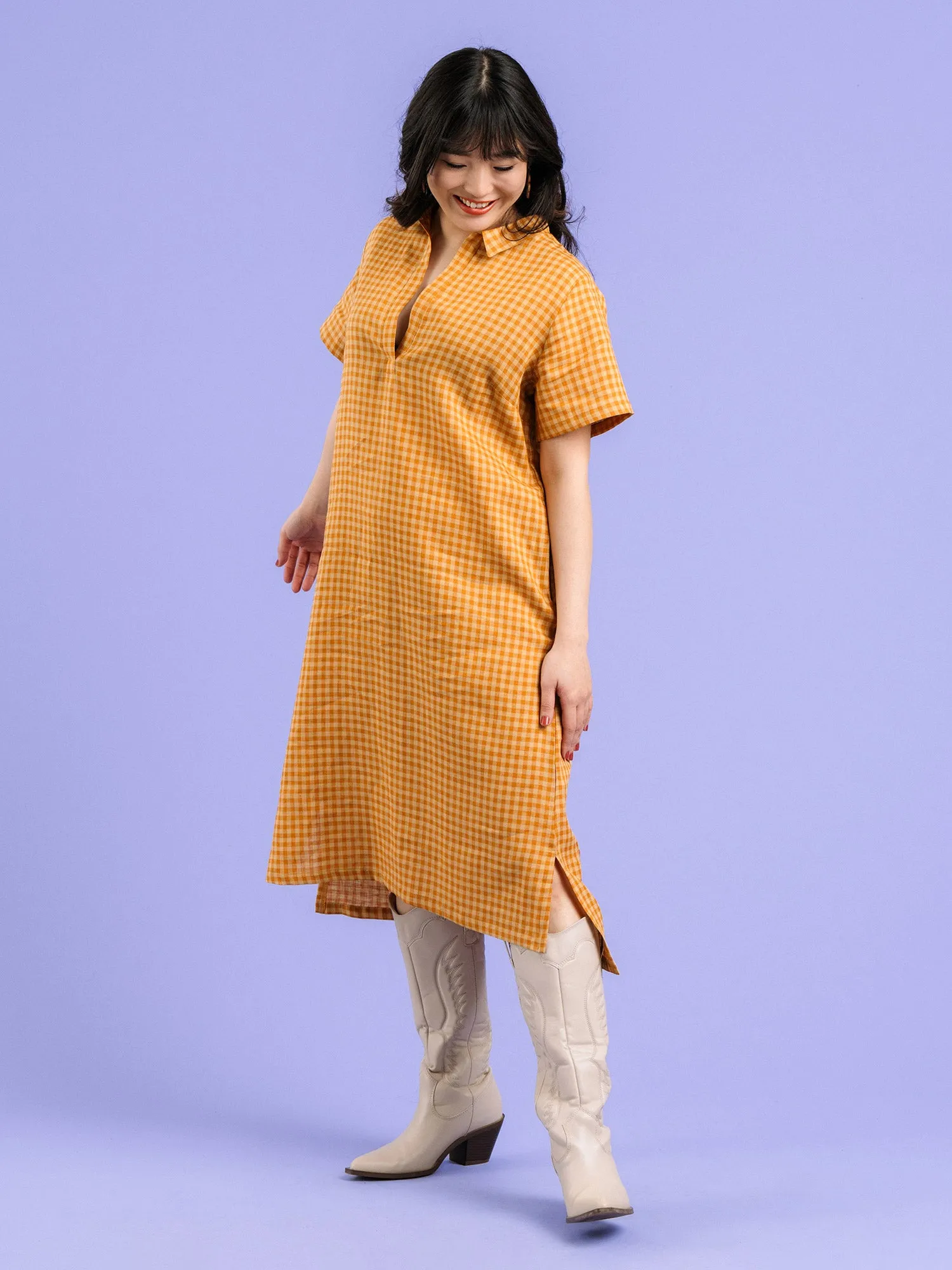 Harper Linen Dress Gingham Orange