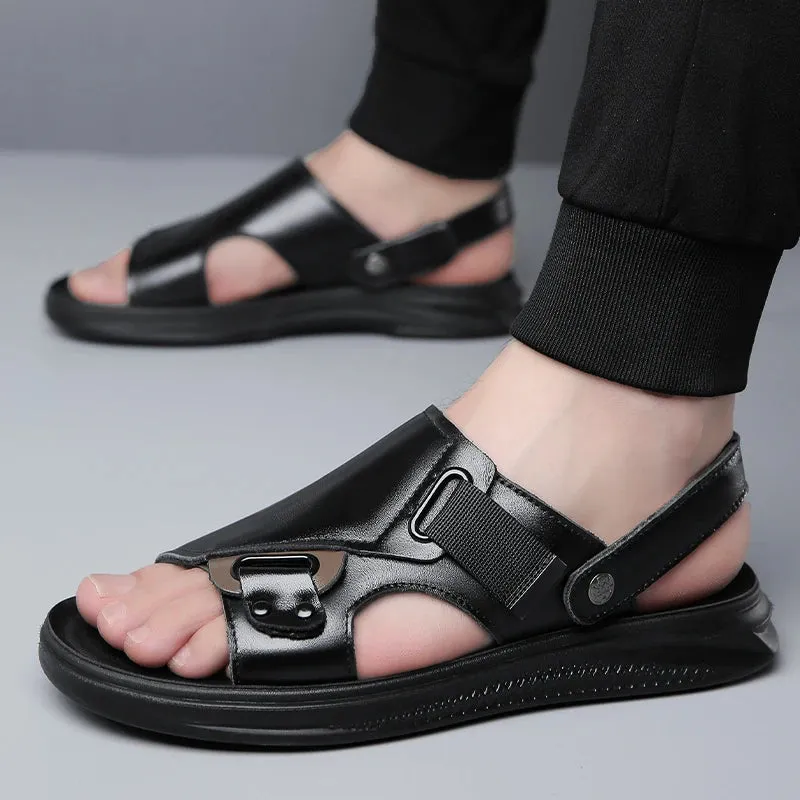 Hnzxzm Summer Sneakers Outdoor fashion Non-slip Men's Sandals Leather Male Beach slippers Footwear New Open-toe Men Roma Flats