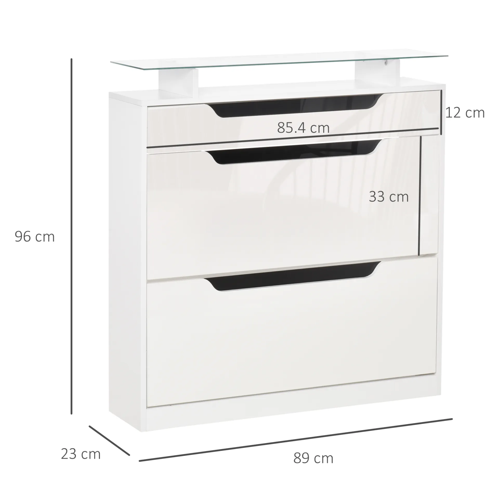 HOMCOM High Gloss White Shoe Cabinet with 3 Drawers, Tipping Bucket, Adjustable Shelf & Glass Top – Large Capacity for 14 Pairs