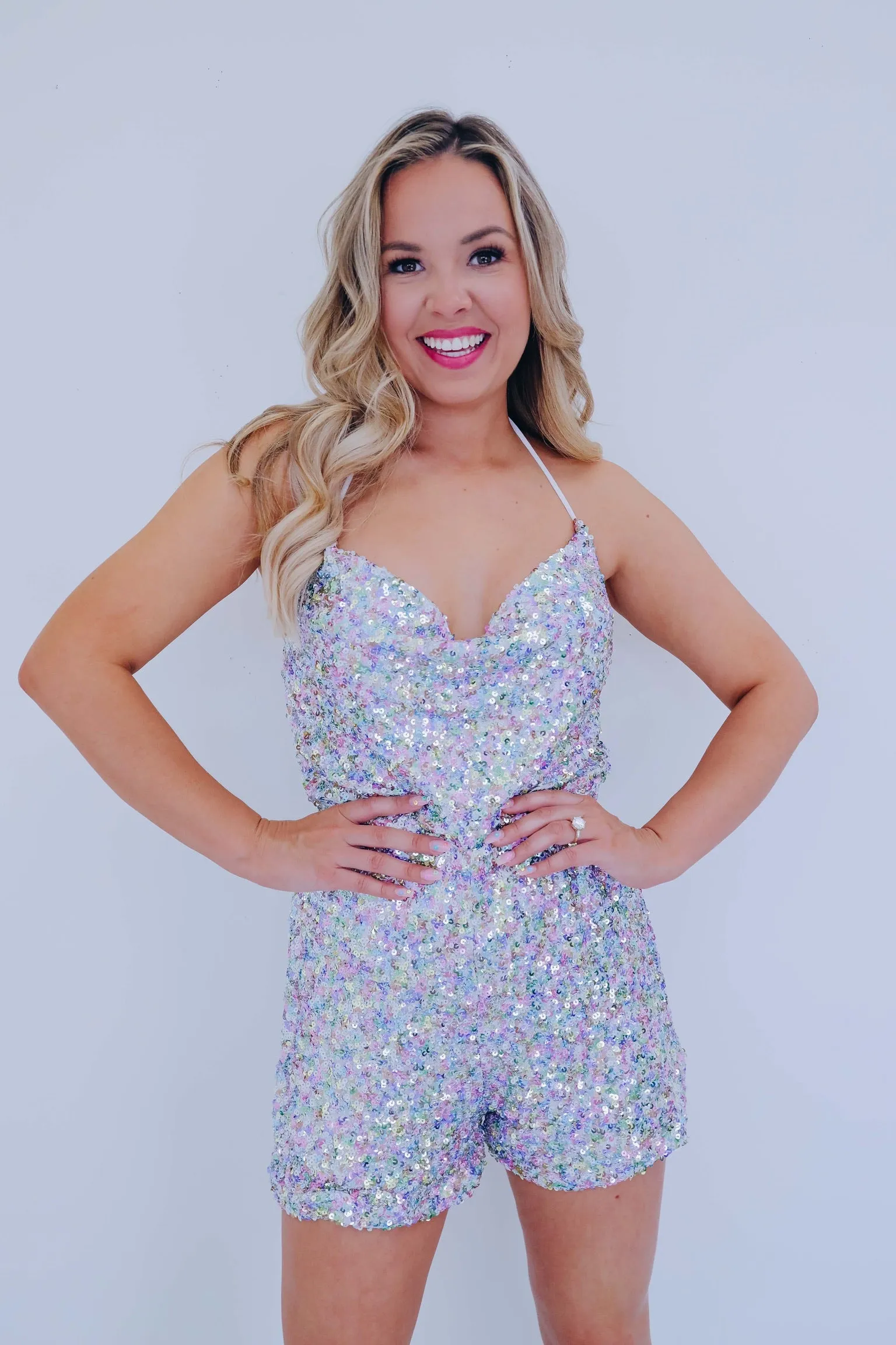 Illusions Iridescent Sequin Halter Romper