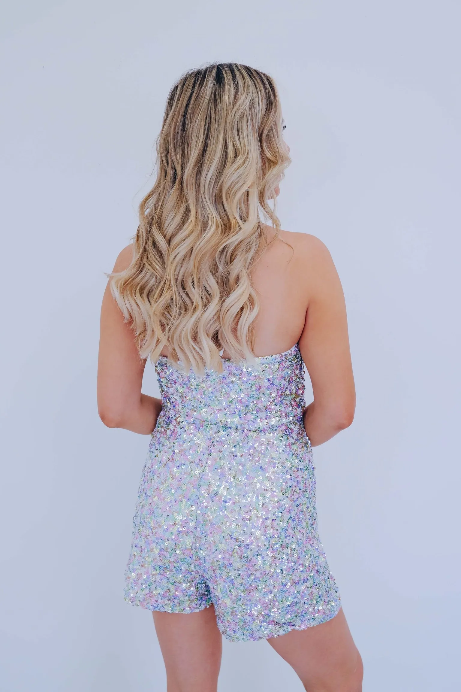 Illusions Iridescent Sequin Halter Romper