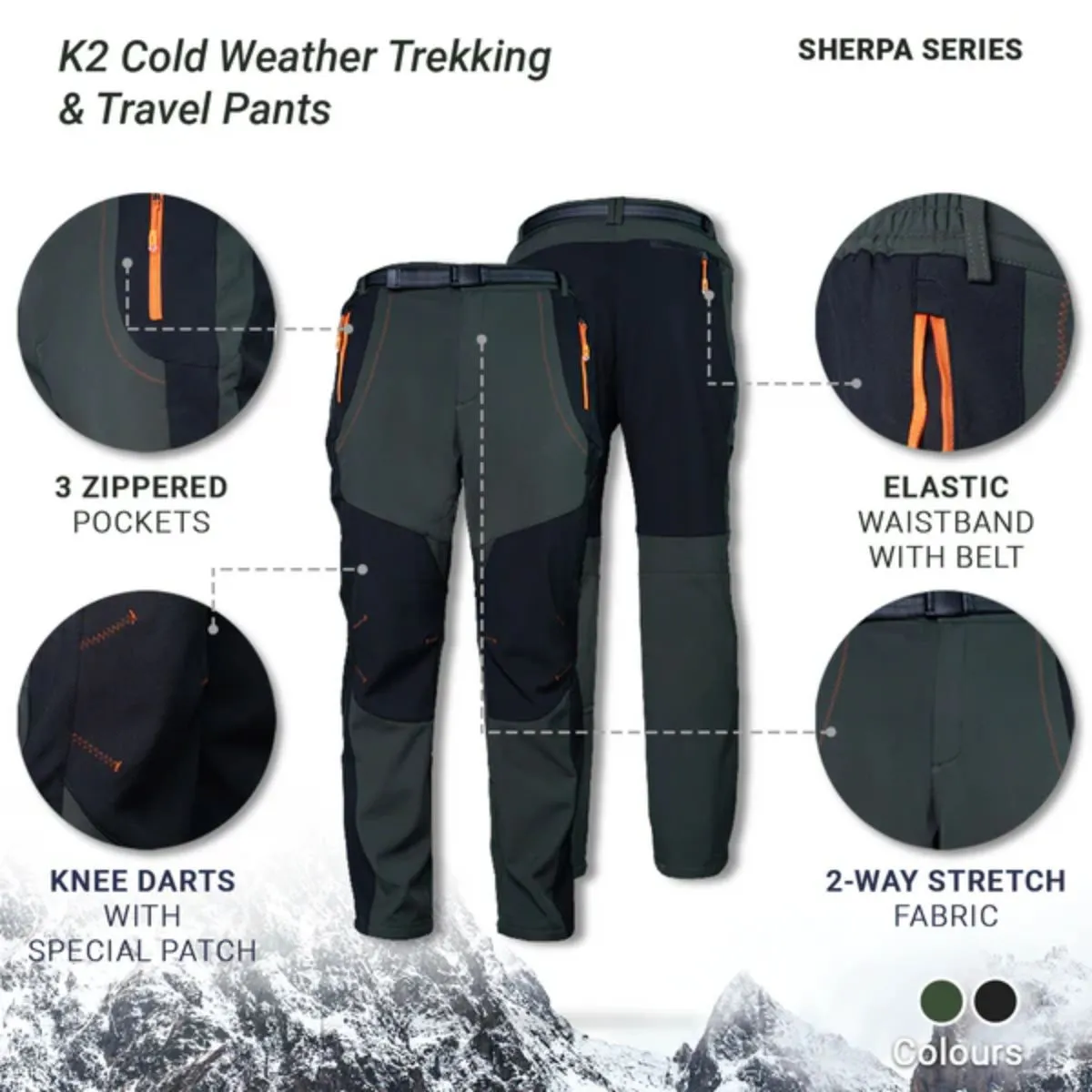 K2 Cold Weather Trekking & Travel Pants- Sherpa Series - Olive