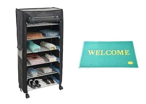 Little Paigii Premium Multipurpose 6 Shelves Steel Shoe Rack Organizer with Wheels and Dustproof Cover | Portable Storage Rack Organizer with Zip Cover With 1 Premium Door Mat/Rag (Grey01)