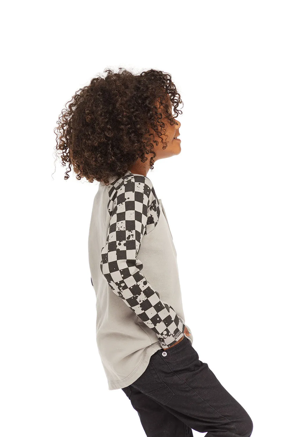 Long Sleeve Splatter Checker Raglan Button Up Henley