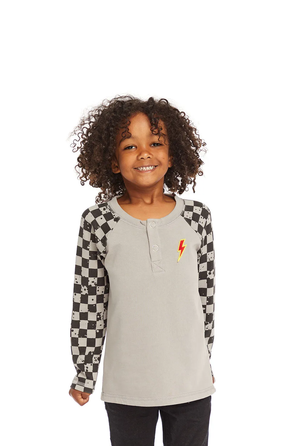 Long Sleeve Splatter Checker Raglan Button Up Henley