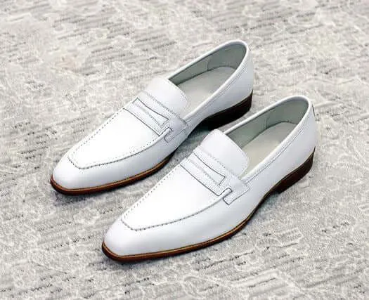 Men's Handmade White Leather Penny Loafer Shoes, Men's Casual Shoes