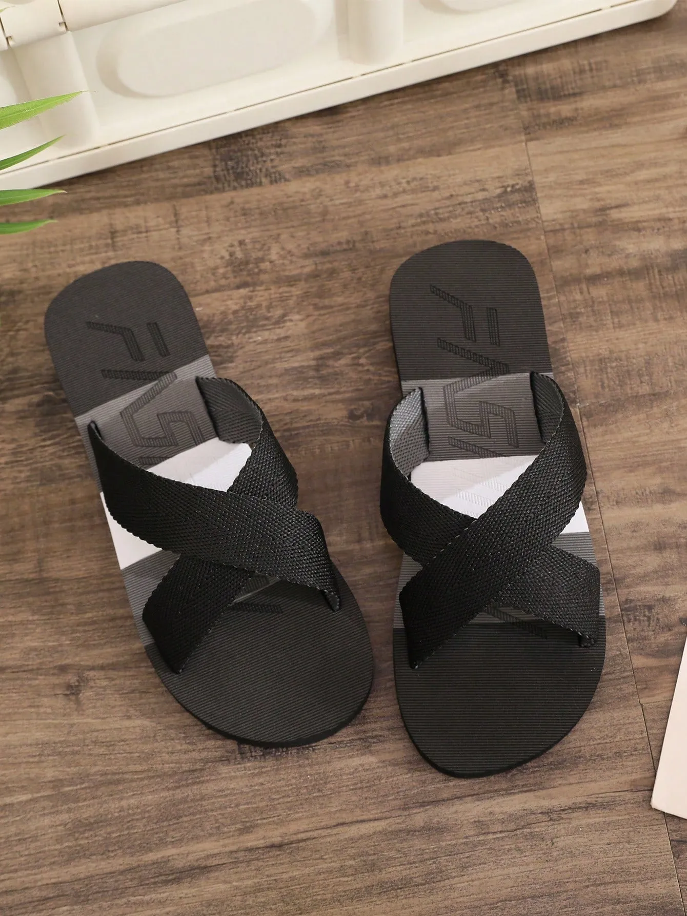 Men'S Slides Crossed Foot Band Summer Black & Colorblock Fabric Strap Open Toe Slip-On Casual Beach Outdoor Flops