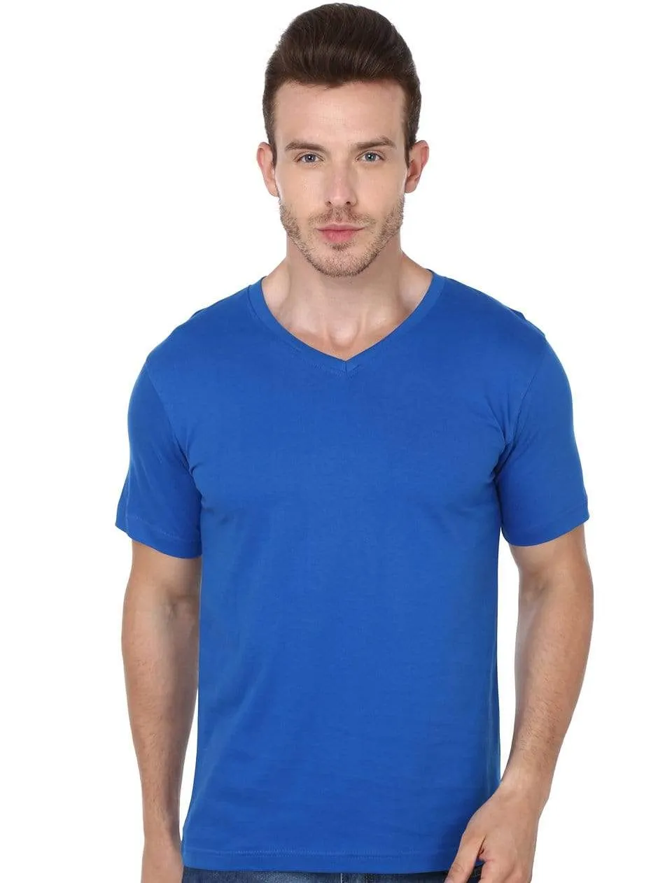 Men's V-neck plain T-shirt Blue (Regular Fit)