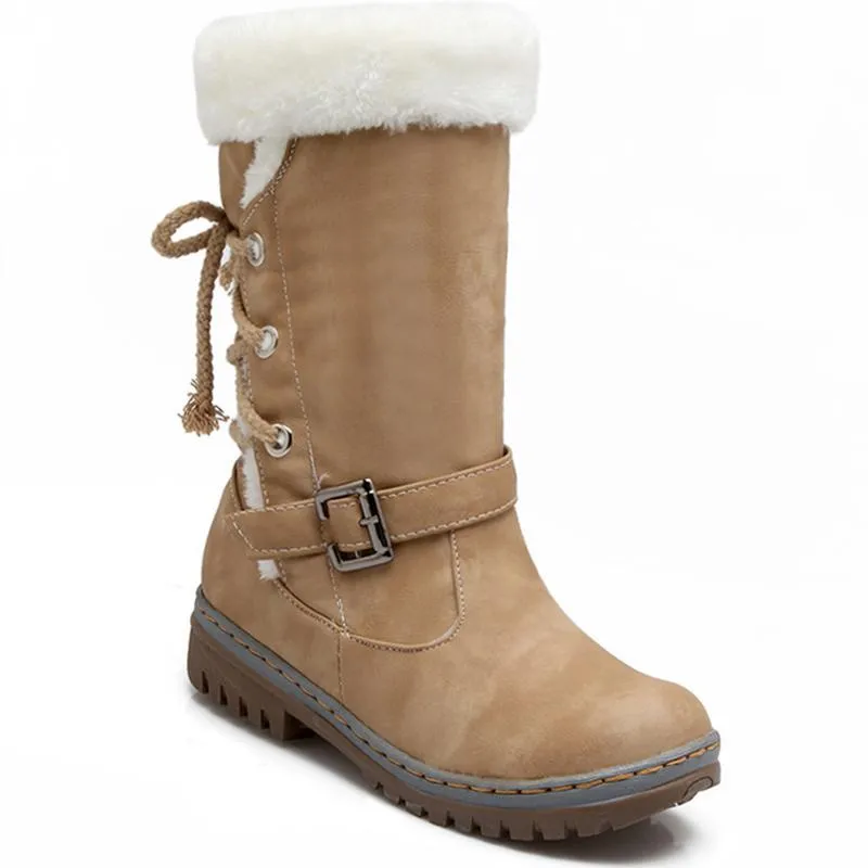 Mid Calf Boots Buckle Fur Lining Flat Snow Boots For Women