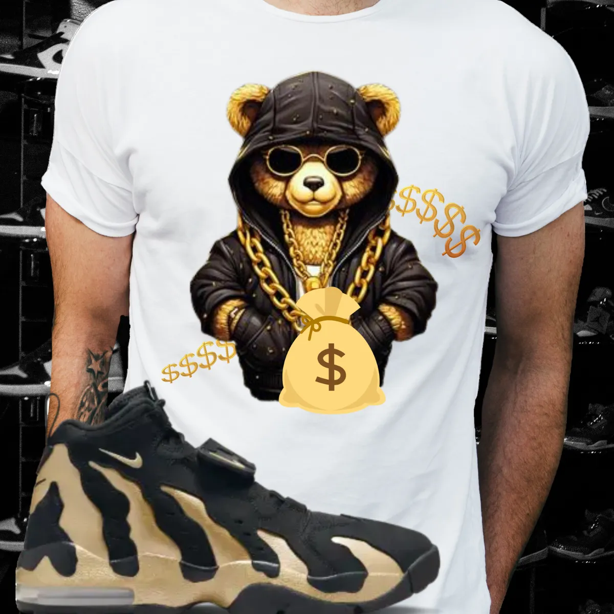 Money Bear T-shirt Matches Prime Time’s Air Diamond Turf Max ’96 Black/Gold