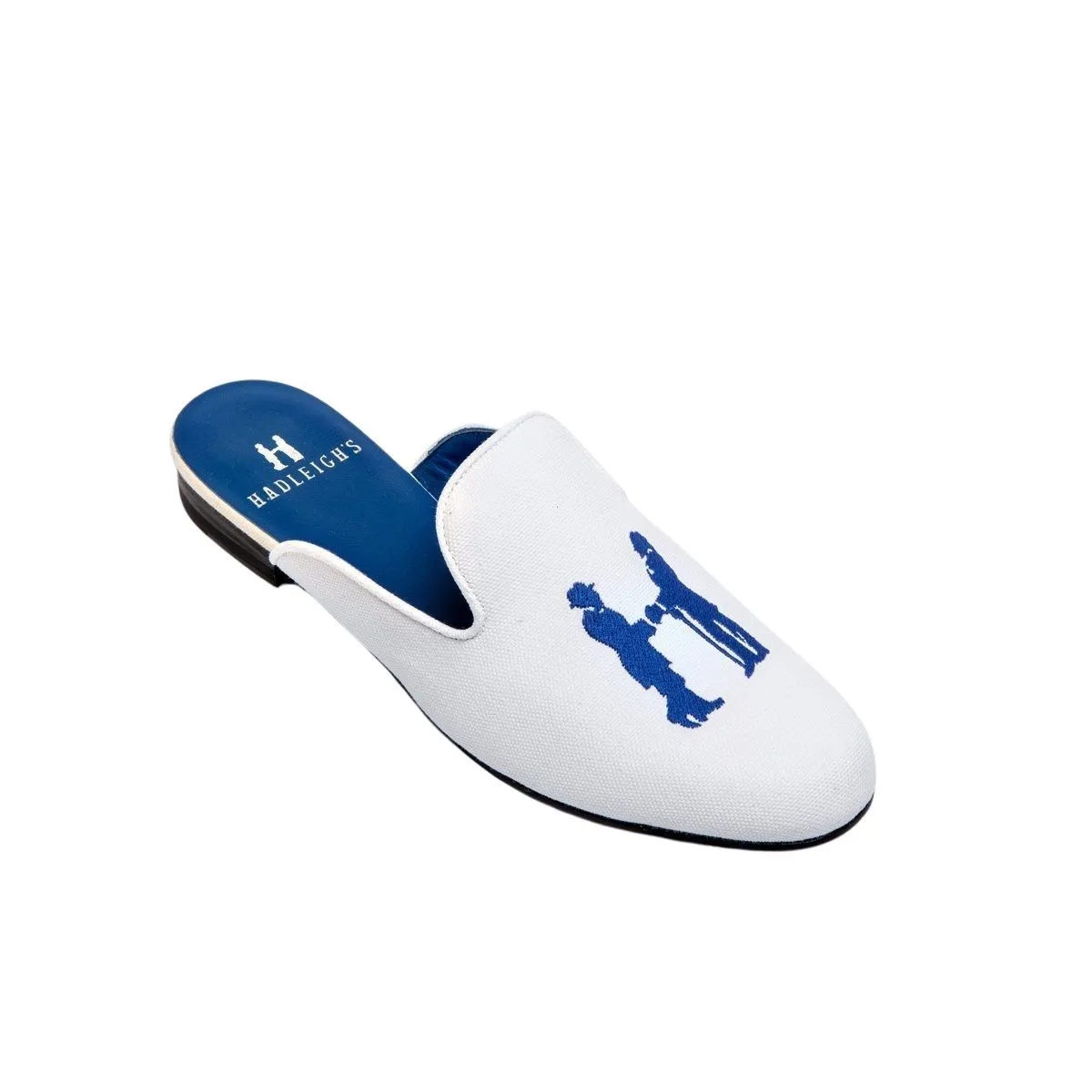 Mule in White with Cobalt Logo