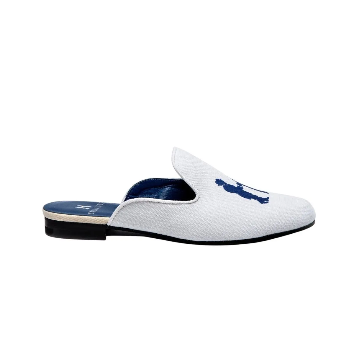 Mule in White with Cobalt Logo