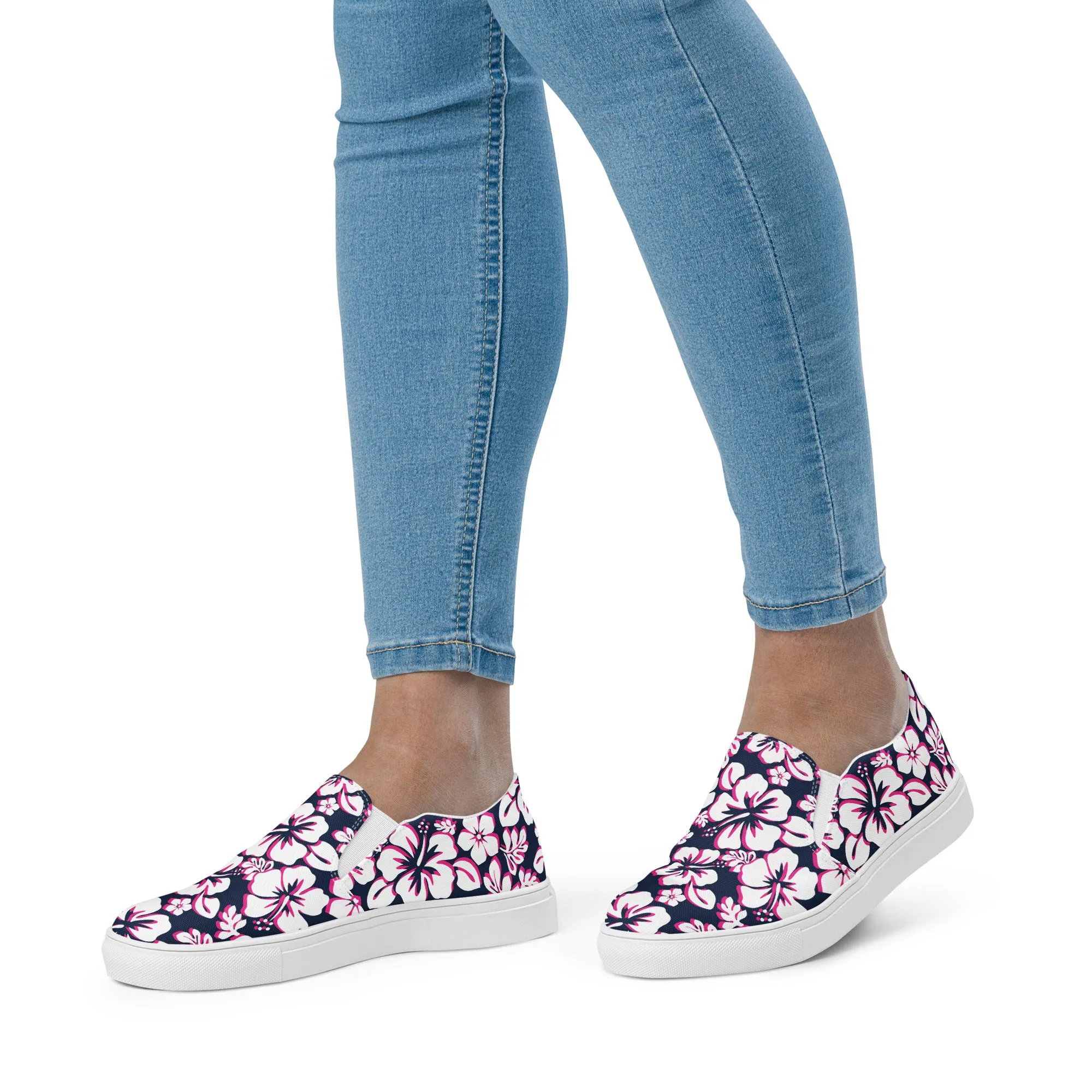 Navy Blue, Hot Pink and White Hawaiian Flowers Women's Slip On Canvas Shoes