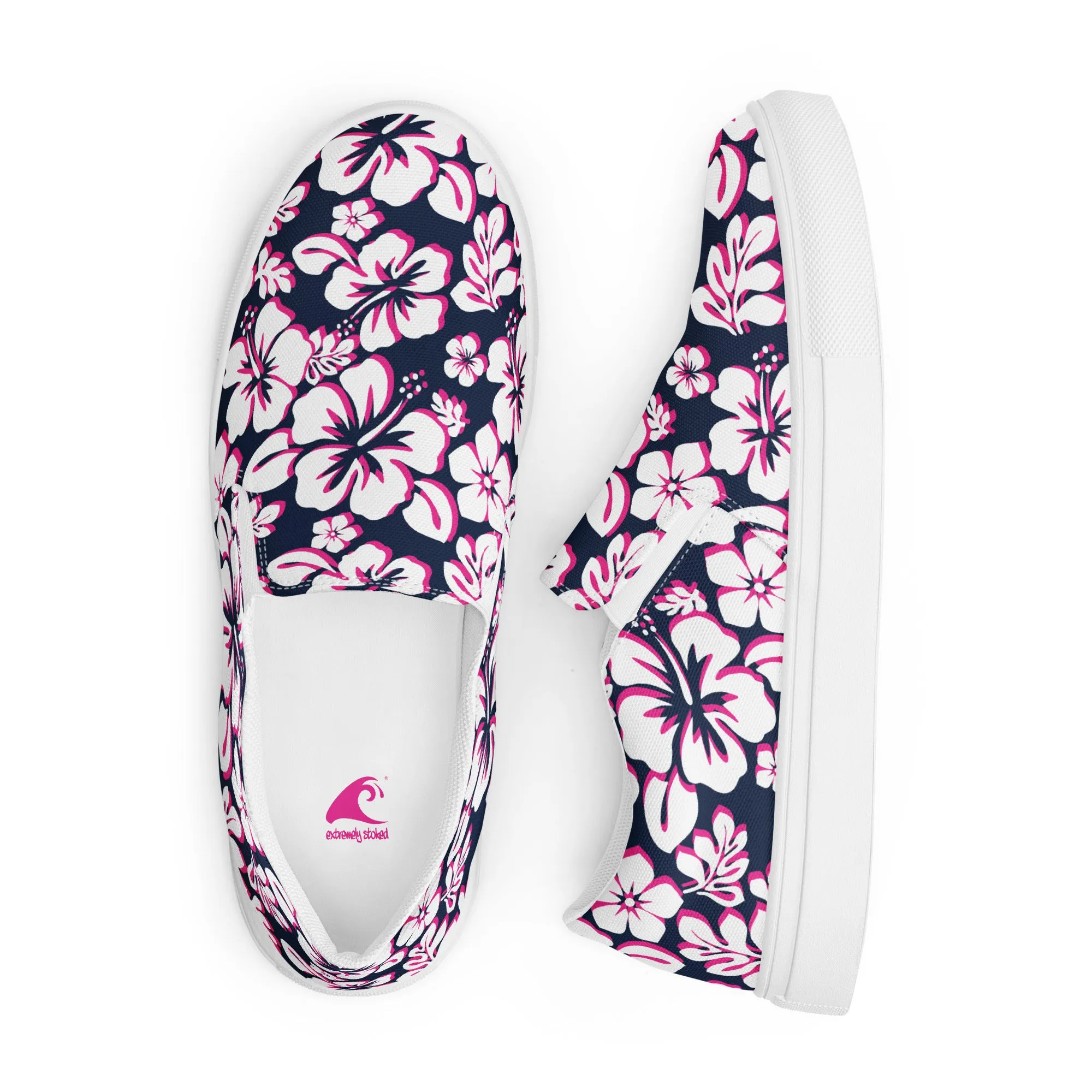 Navy Blue, Hot Pink and White Hawaiian Flowers Women's Slip On Canvas Shoes