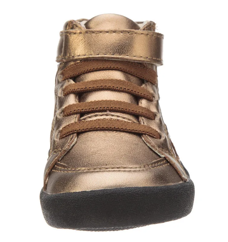 Old Soles Girl's and Boy's The Leader Old Gold Perforated Metallic Leather Elastic Lace Hook and Loop High Top Sneaker