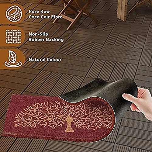 Onlymat Natural Coco Coir Tree Printed Anti-Slip Doormat Long-Lasting, Heavy Duty Thick Entryway rectangular Rug with PVC Backing for Indoor & Outdoor (Red and Beige, 120cm x 1.5cm x 40cm)