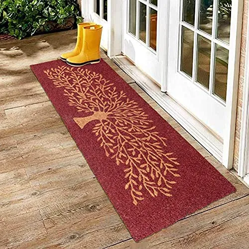 Onlymat Natural Coco Coir Tree Printed Anti-Slip Doormat Long-Lasting, Heavy Duty Thick Entryway rectangular Rug with PVC Backing for Indoor & Outdoor (Red and Beige, 120cm x 1.5cm x 40cm)