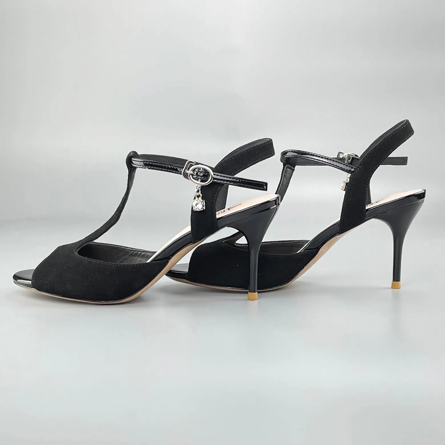 Open-toe and Open-back Argentine Tango Shoes High Salsa Heels Hard Leather Sole Sandals Black