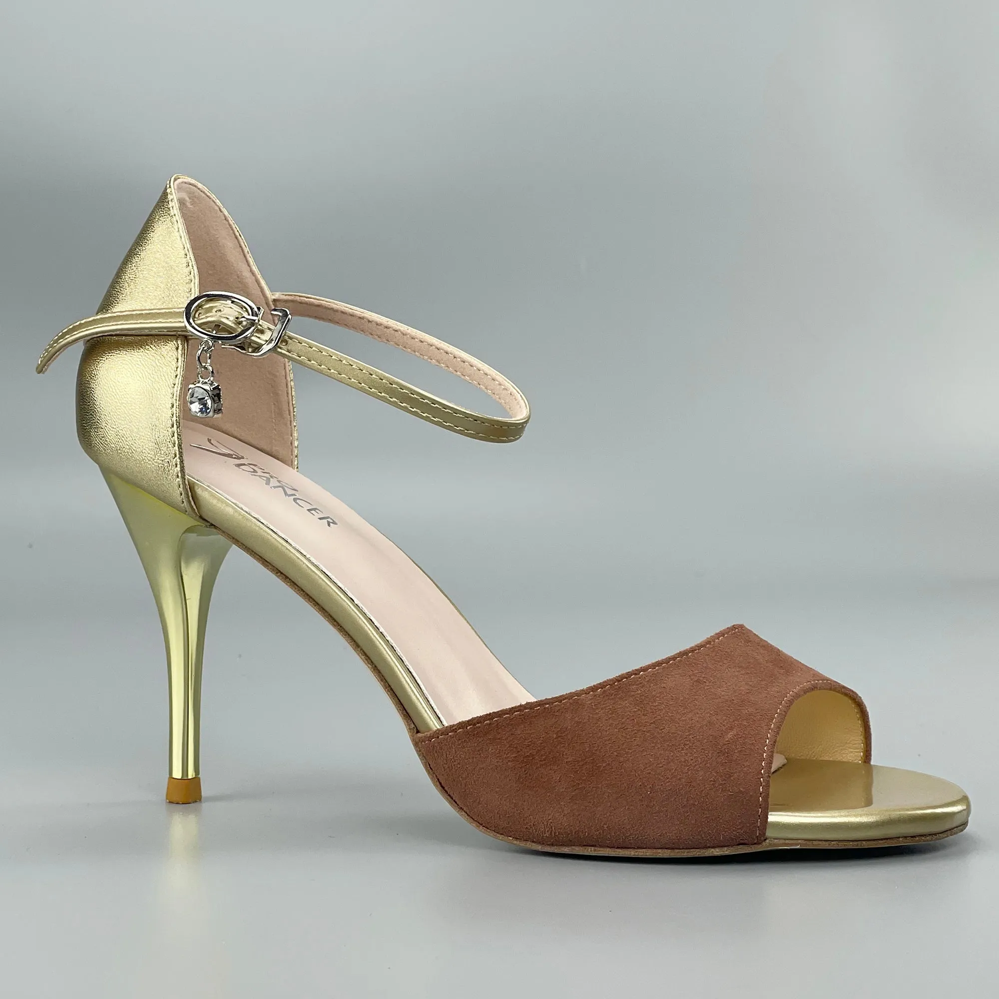 Open-toe Professional Tango Shoes Closed-back High Heels Hard Leather Sole Brown and Gold