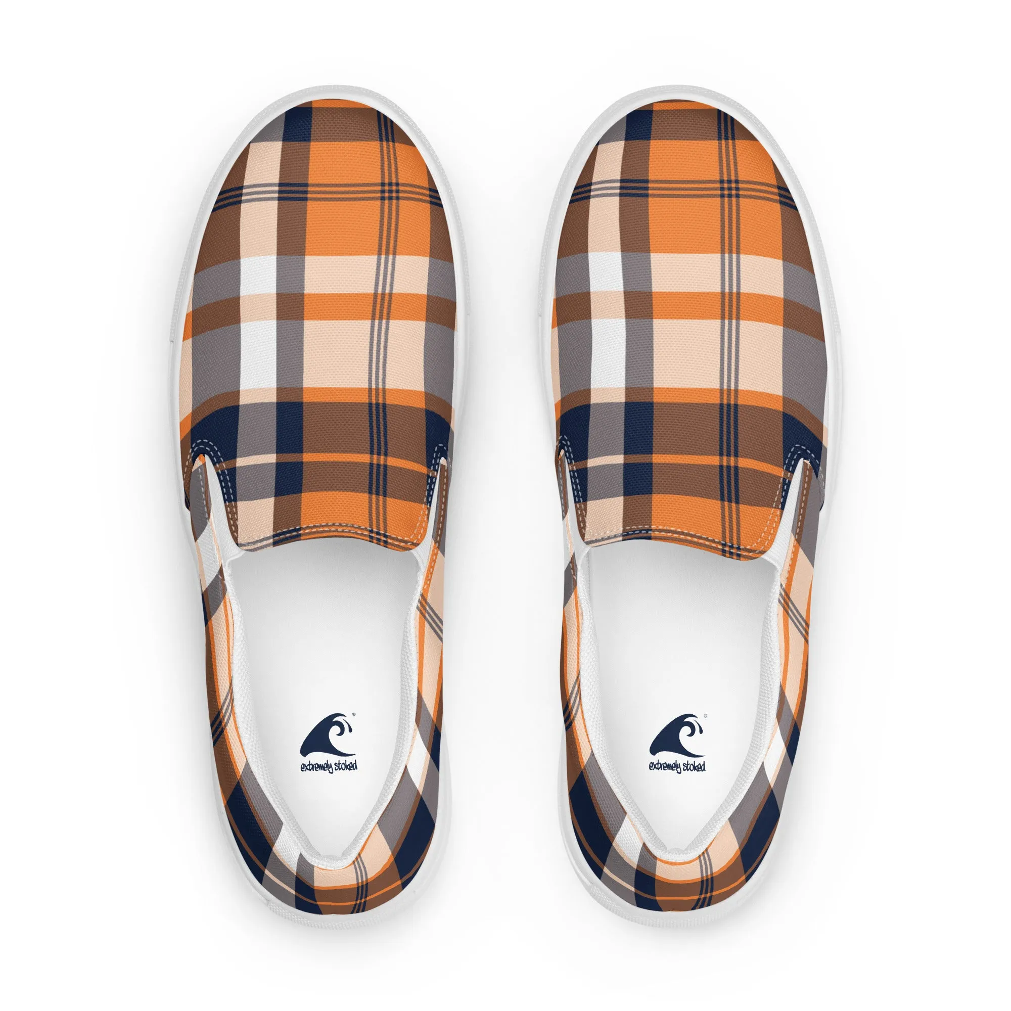 Orange and Navy Blue Preppy Surfer Plaid Women's Slip On Canvas Shoes