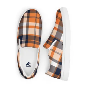 Orange and Navy Blue Preppy Surfer Plaid Women's Slip On Canvas Shoes