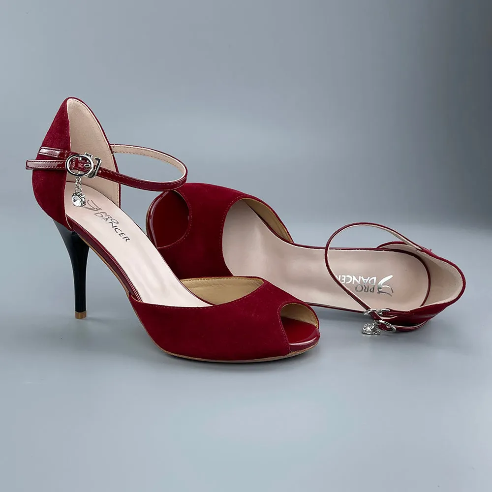 Peep-toe Argentine Tango Shoes Closed-back High Heels Hard Leather Sole Dark Red