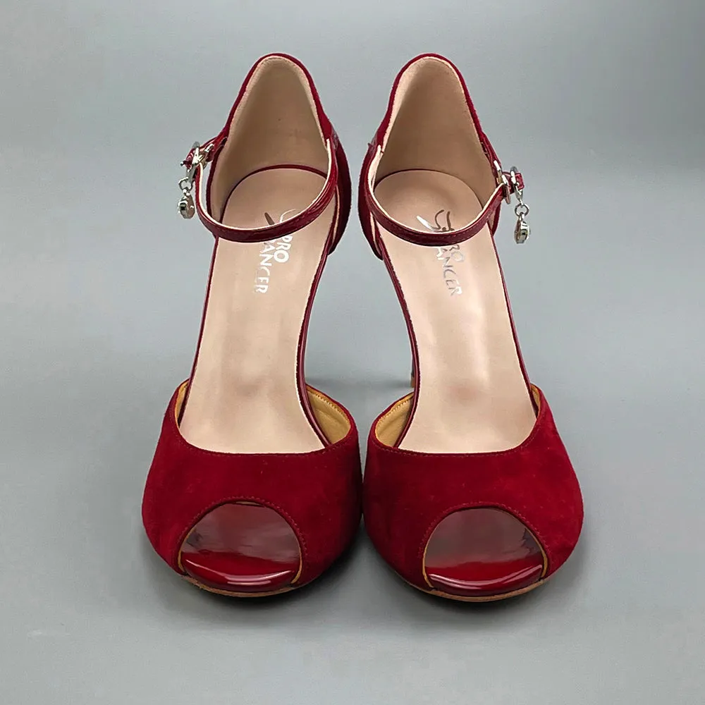 Peep-toe Argentine Tango Shoes Closed-back High Heels Hard Leather Sole Dark Red