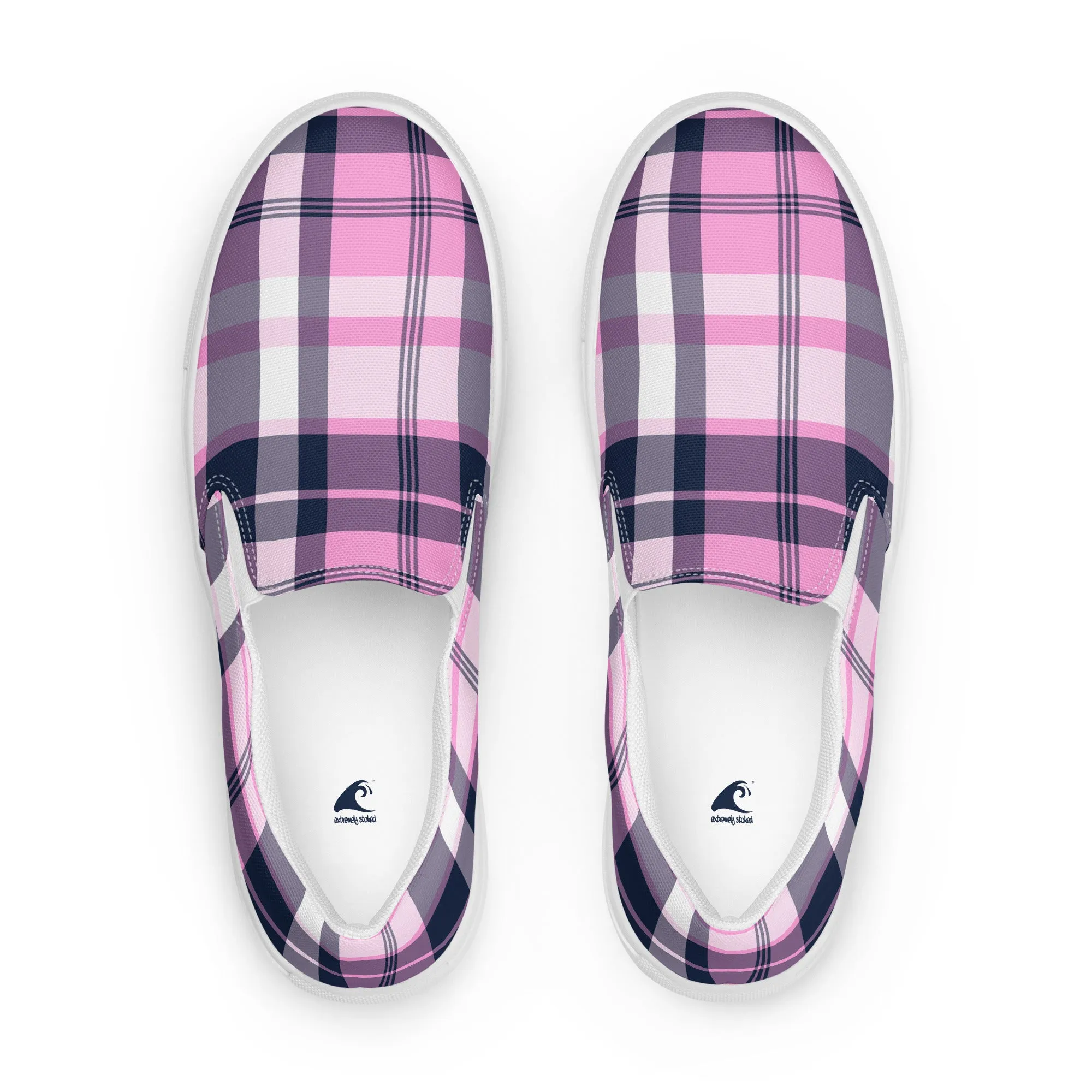 Pink and Navy Blue Preppy Surfer Plaid Men’s Slip On Canvas Shoes