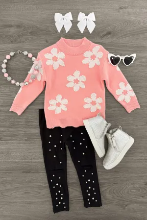 Pink Pearl Flower Sweater Legging Set