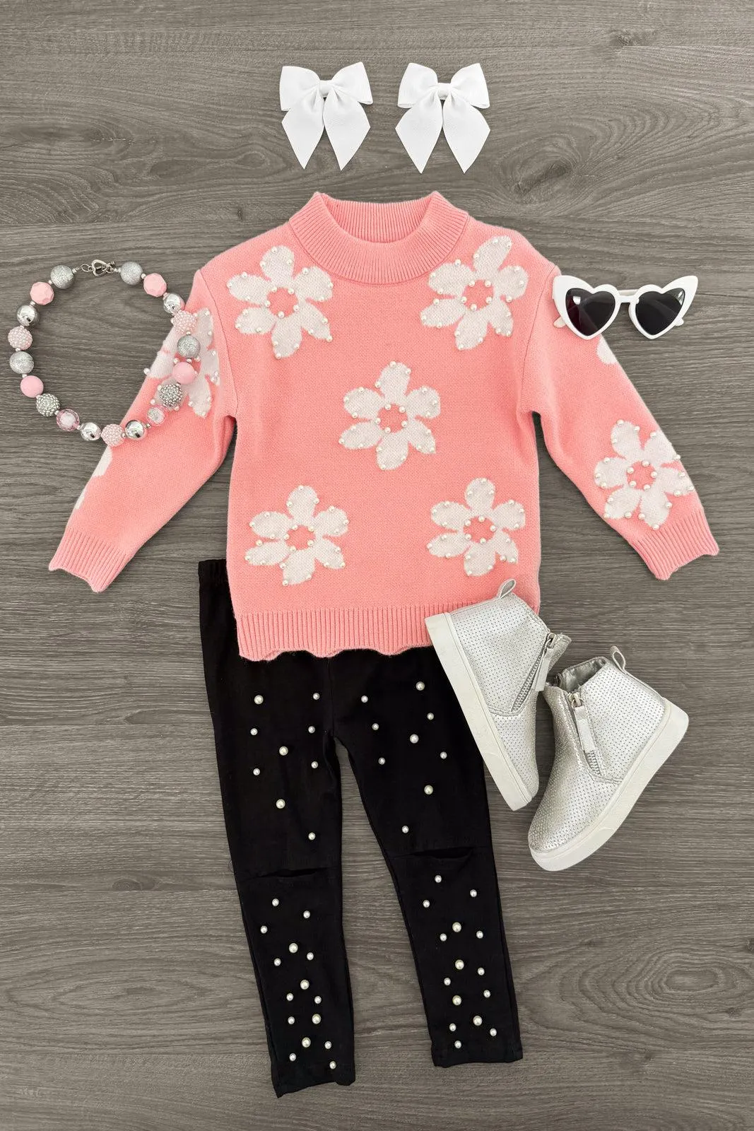 Pink Pearl Flower Sweater Legging Set