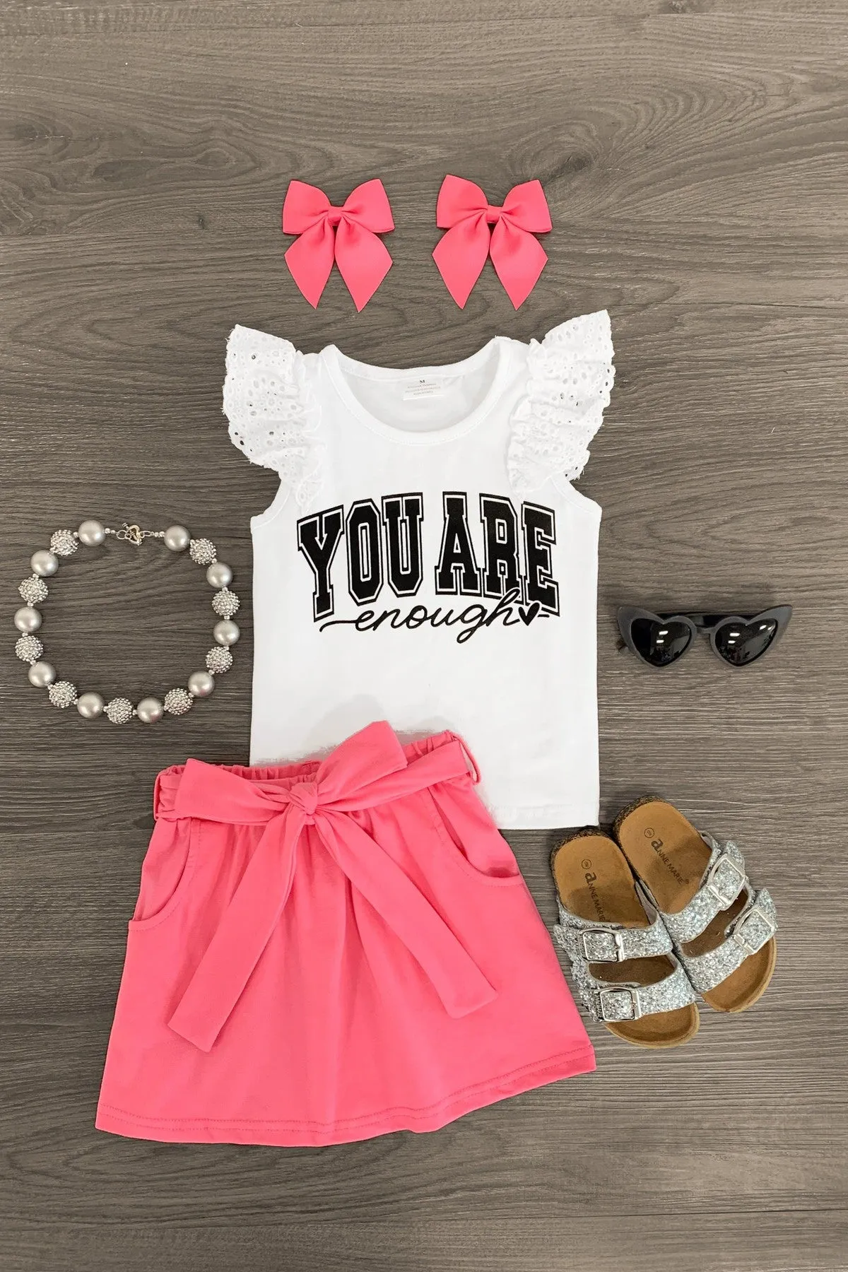 "You Are Enough" White & Pink Skirt Set