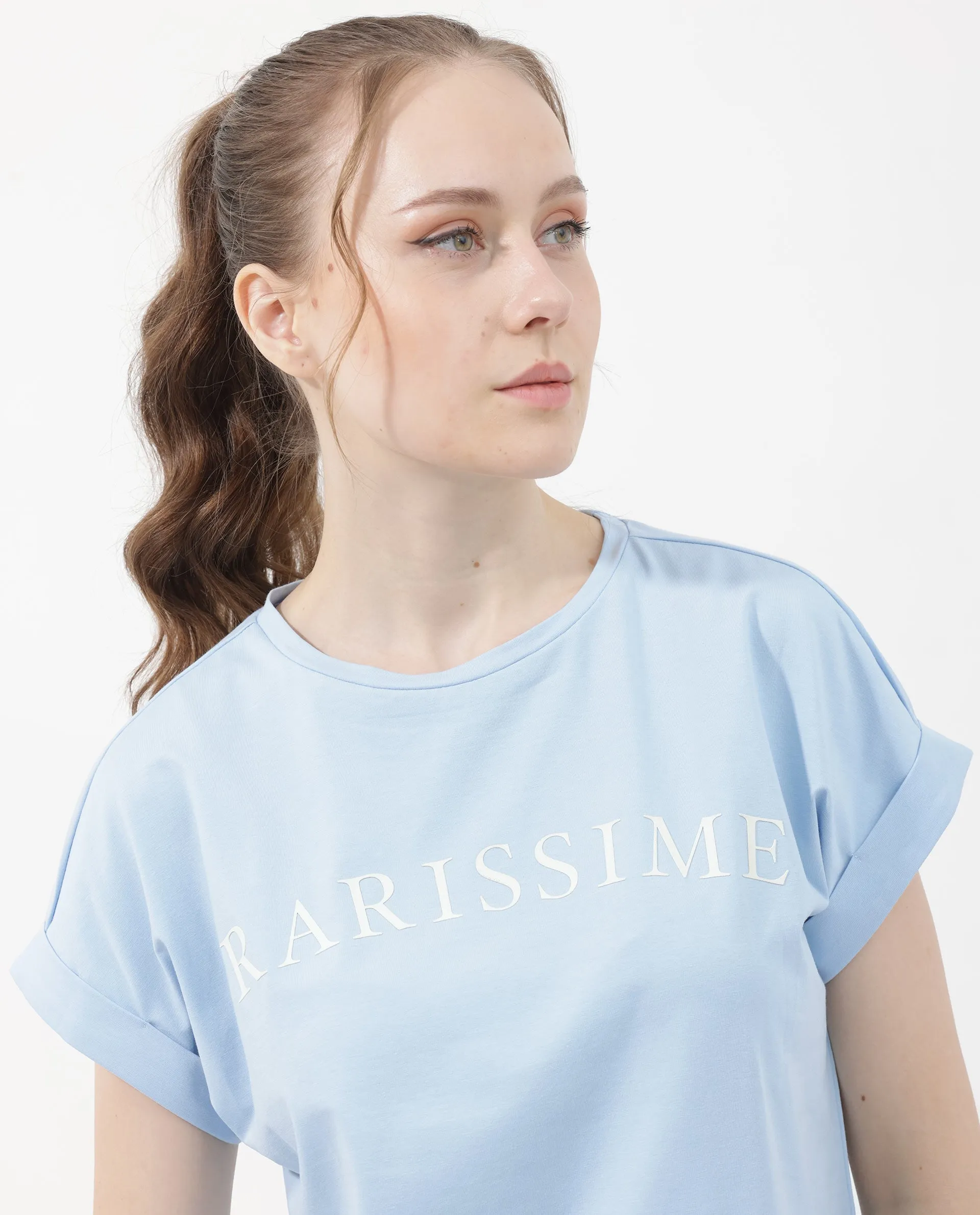 Rareism Women Alte Light Blue Cotton Elastane Fabric Crew Neck Knit Solid T-Shirt