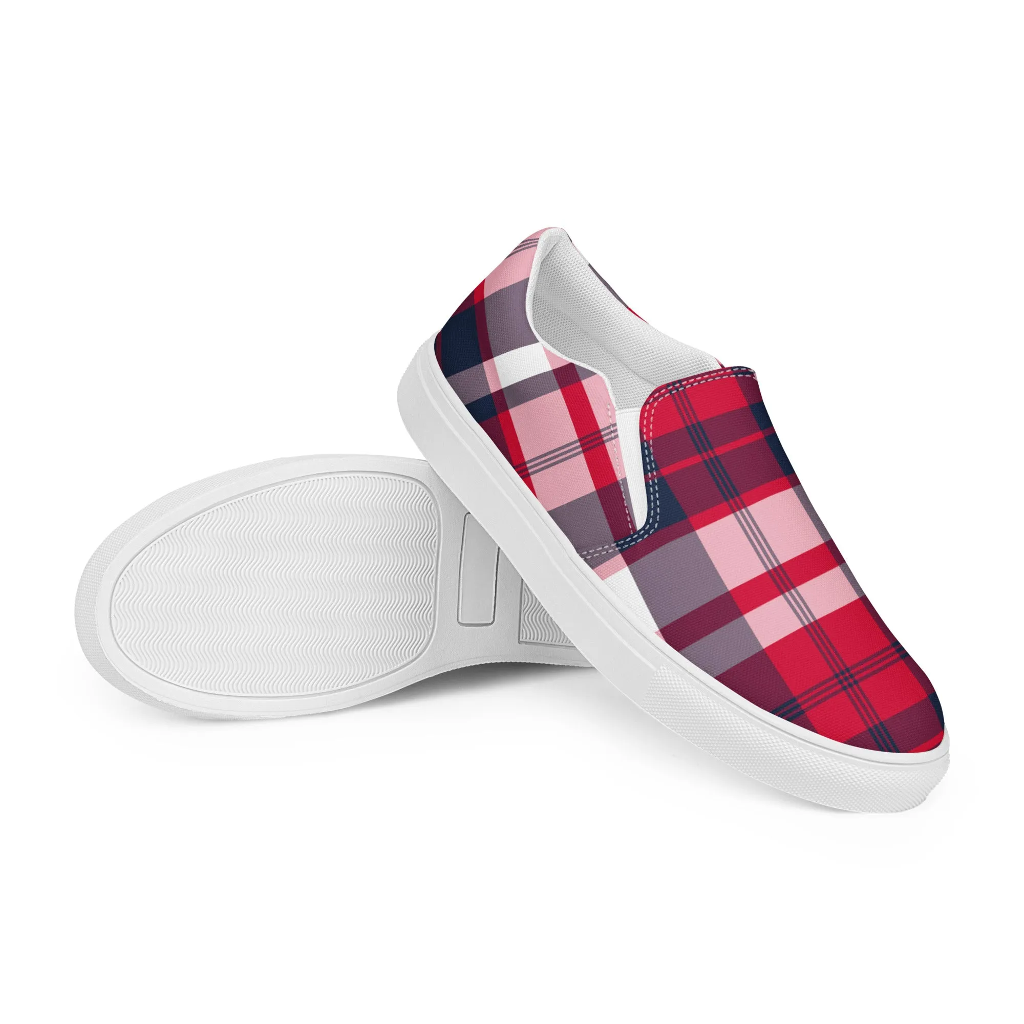 Red, White and Navy Blue Preppy Surfer Plaid Men’s Slip On Canvas Shoes