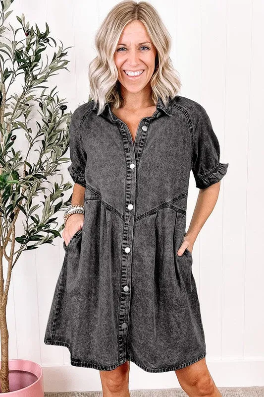 Ruffled Short Sleeve Buttoned Denim Dress