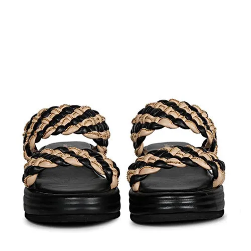 Saint Flurina Chain Embellished Black Woven Leather Platform Sandals