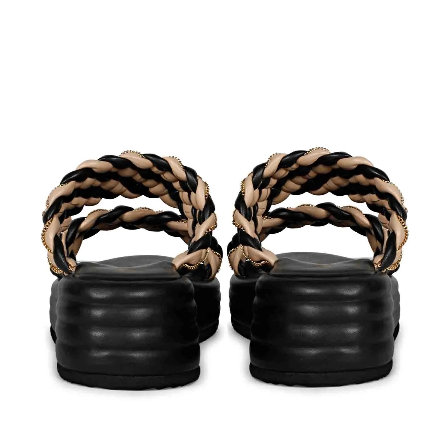 Saint Flurina Chain Embellished Black Woven Leather Platform Sandals