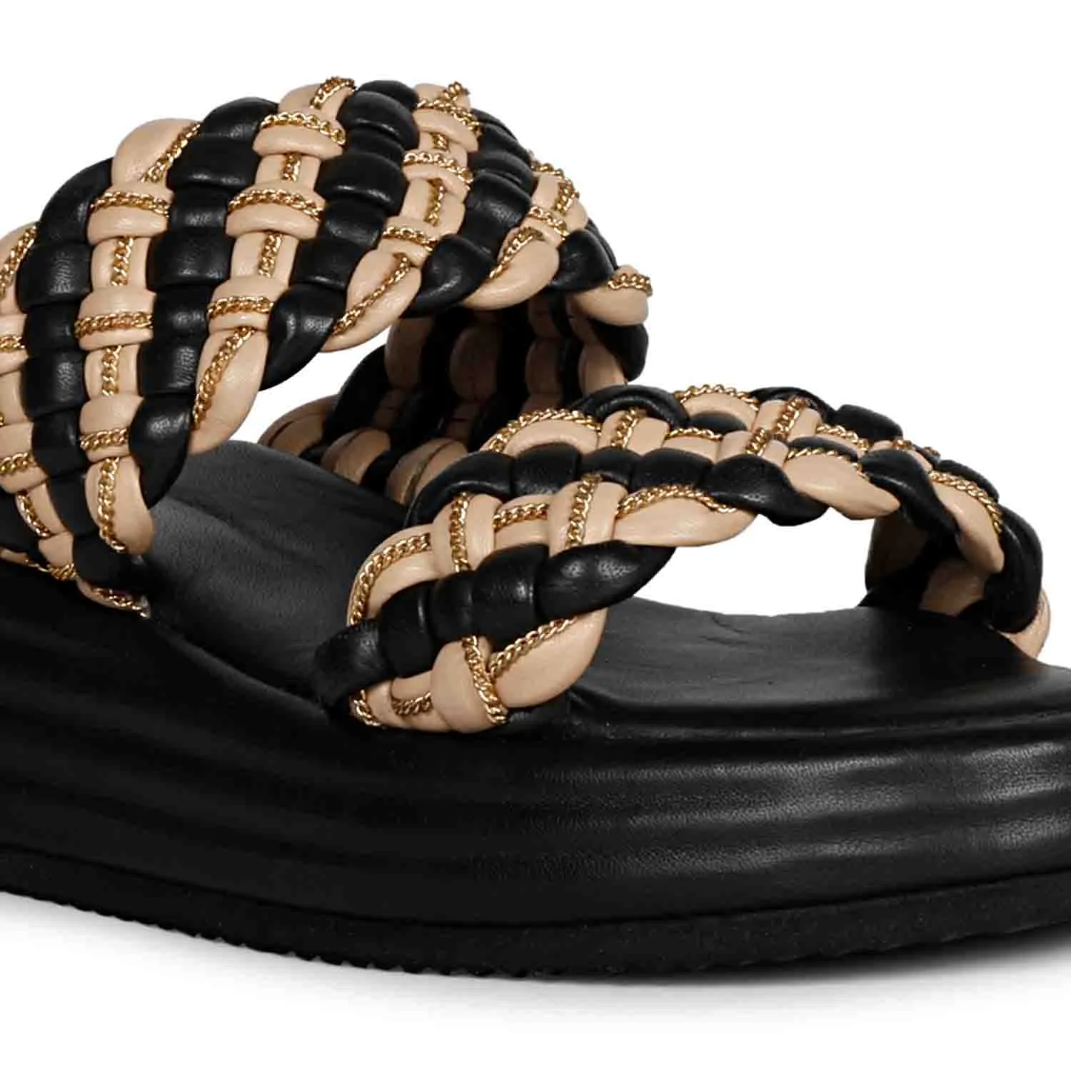 Saint Flurina Chain Embellished Black Woven Leather Platform Sandals