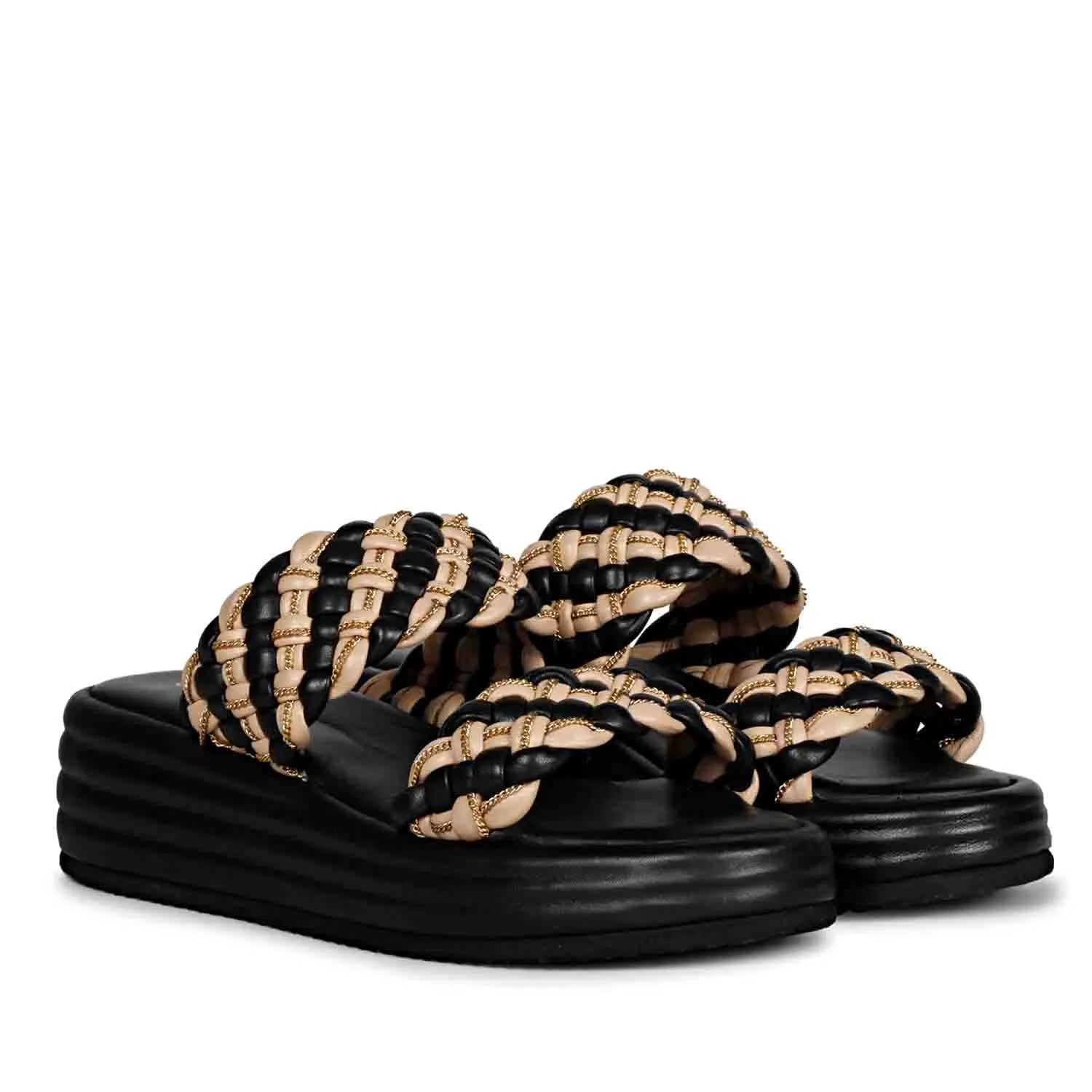 Saint Flurina Chain Embellished Black Woven Leather Platform Sandals