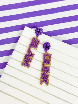 'Slam Dunk' Statement Dangle Earrings - Purple & Gold Glitter