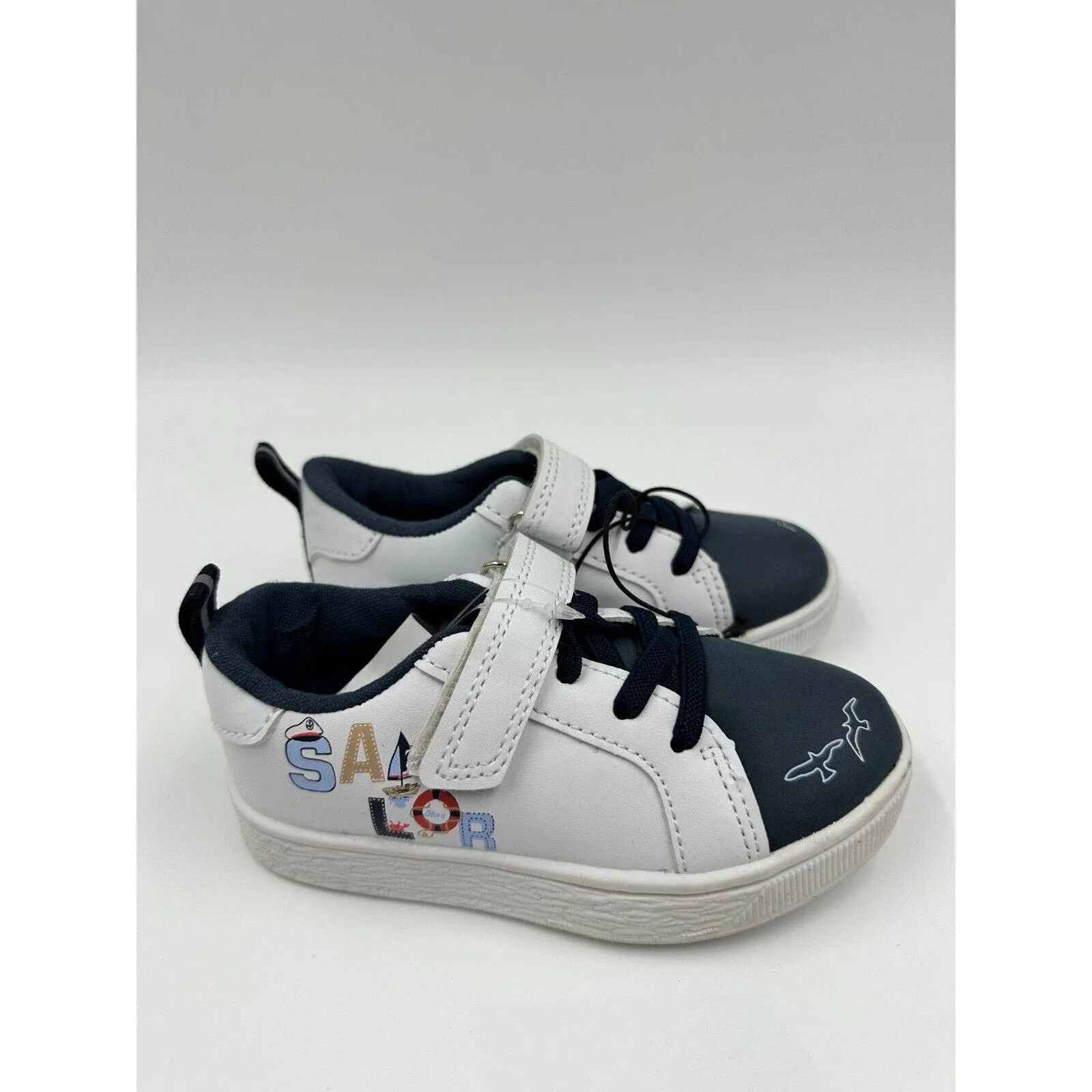 Small Kid Size 8, White & Navy Leather Slip-on with Straps, Boat Sneakers