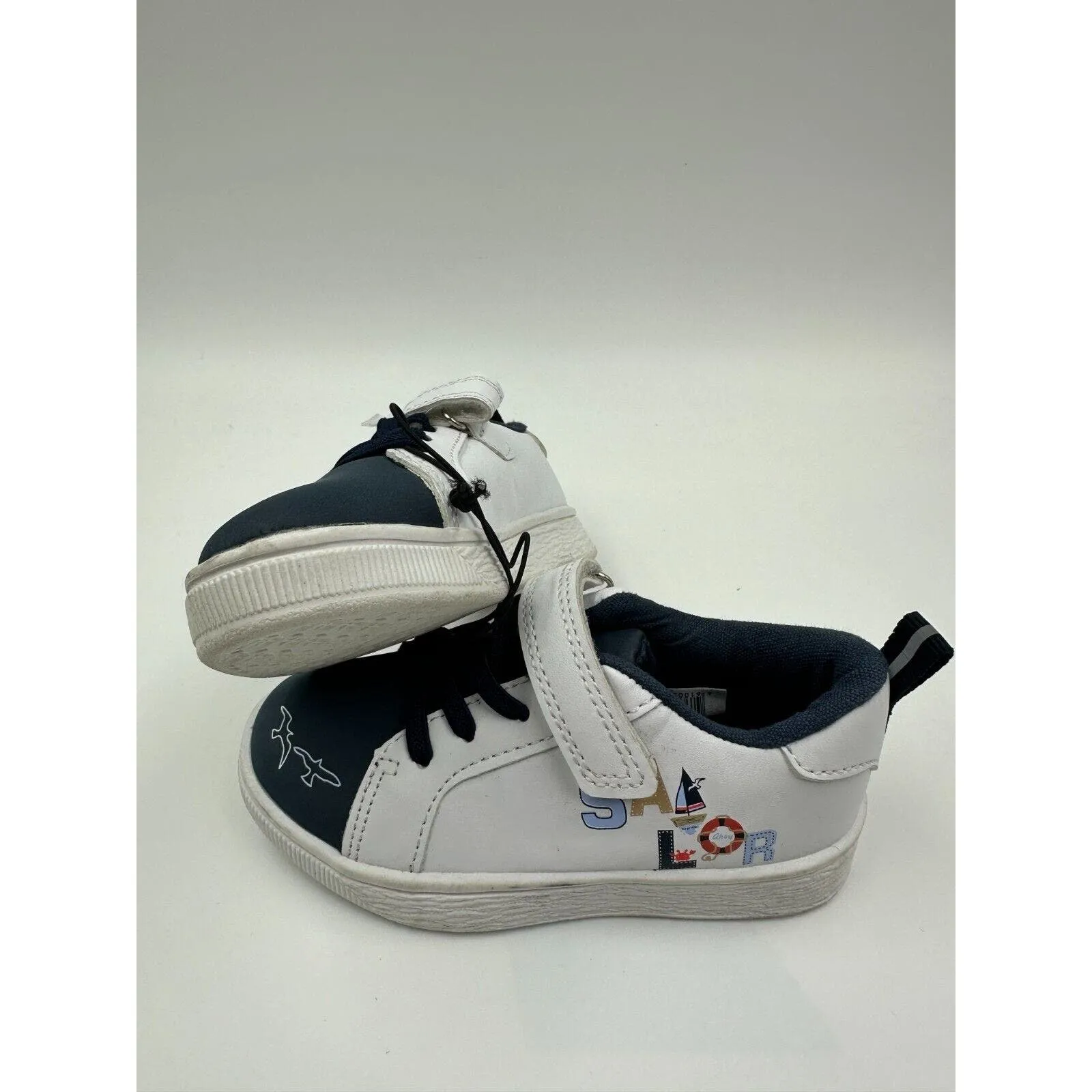 Small Kid Size 8, White & Navy Leather Slip-on with Straps, Boat Sneakers