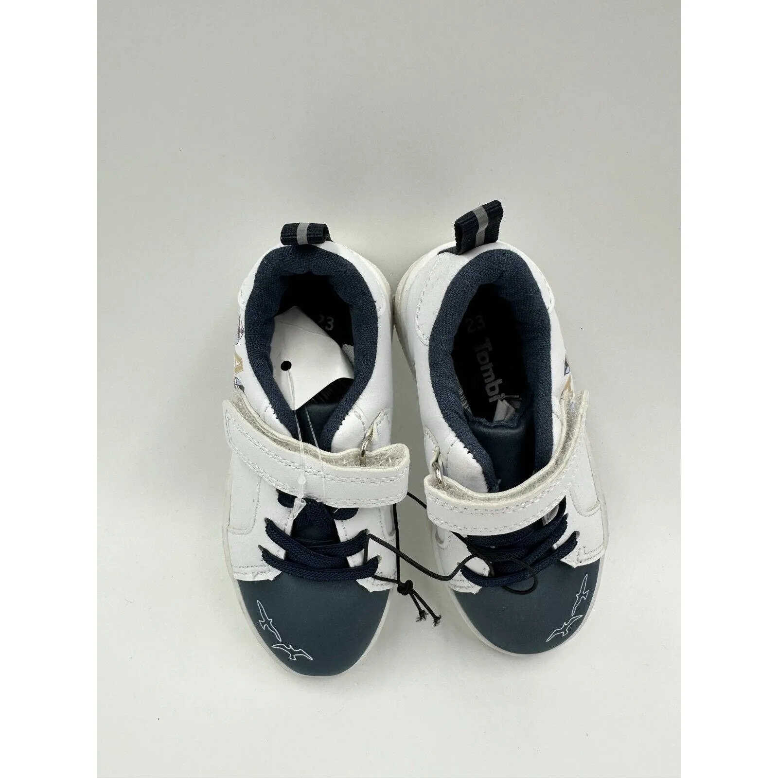 Small Kid Size 8, White & Navy Leather Slip-on with Straps, Boat Sneakers