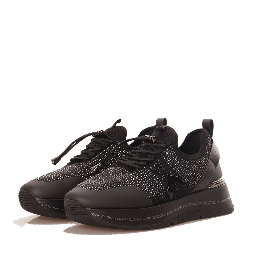 Sneakers Running Slip On PATRIZIA PEPE linea Fly in Tessuto Nero con Strass