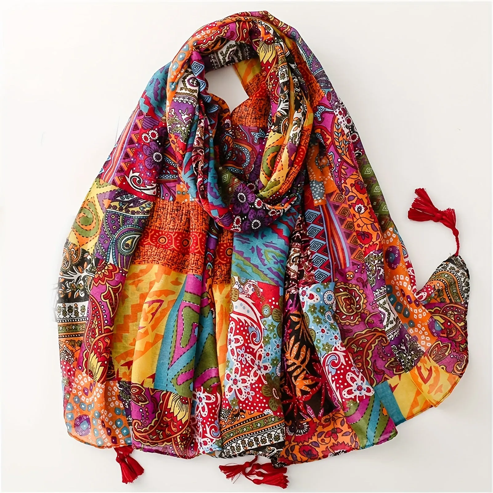 Soft And Breathable Scarf For Women, Lightweight Warm Colorful Print Shawl With Tassels, Perfect For Outdoor And Daily Use