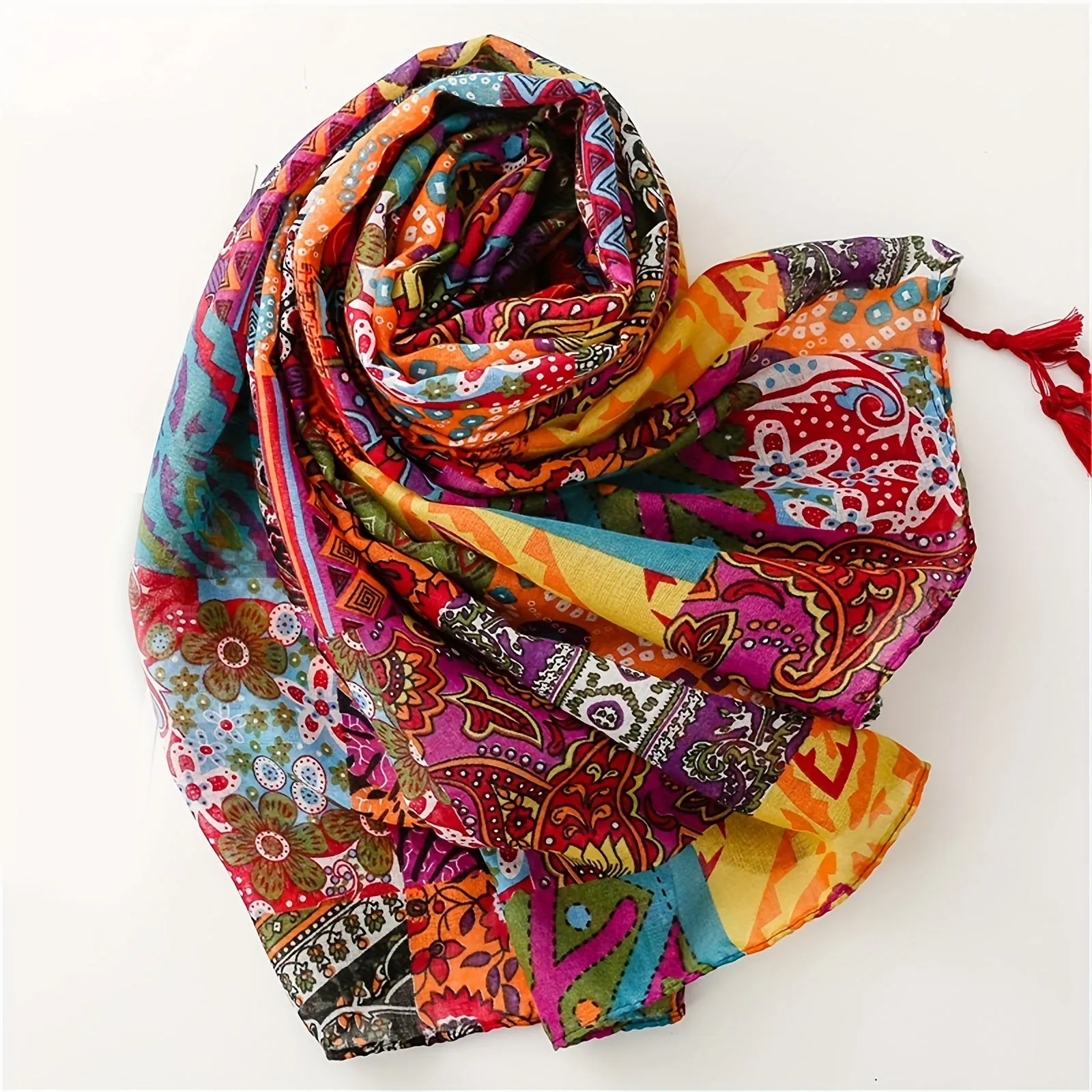 Soft And Breathable Scarf For Women, Lightweight Warm Colorful Print Shawl With Tassels, Perfect For Outdoor And Daily Use